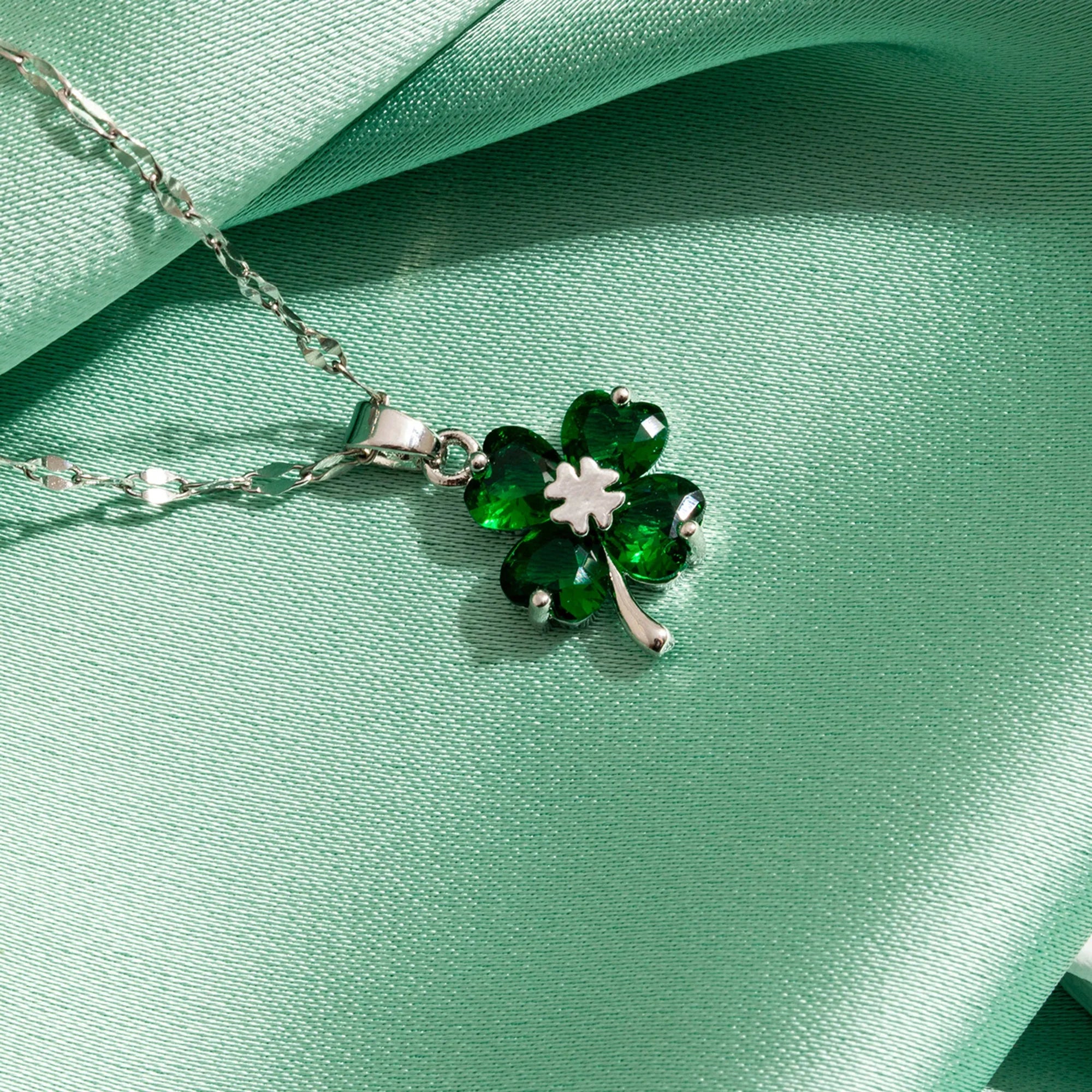 Necklace with Colorful Four-Leaf Clover Pendant silver and green
