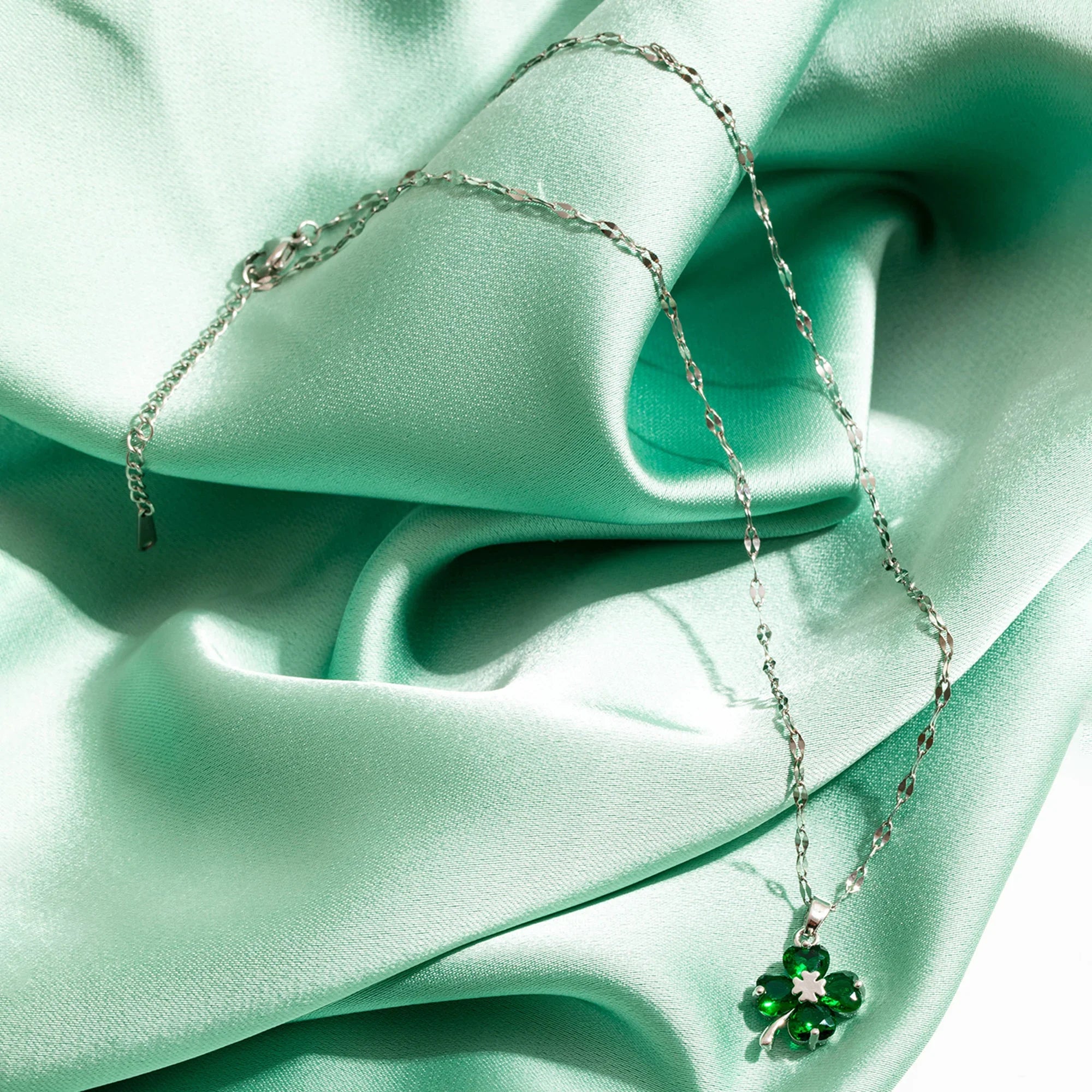 Necklace with Colorful Four-Leaf Clover Pendant silver and green