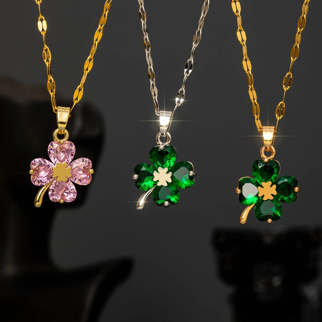 Necklace with Colorful Four-Leaf Clover Pendant silver and green