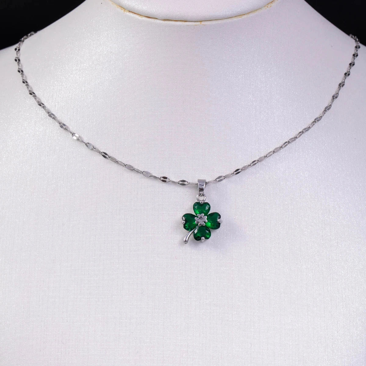 Necklace with Colorful Four-Leaf Clover Pendant silver and green