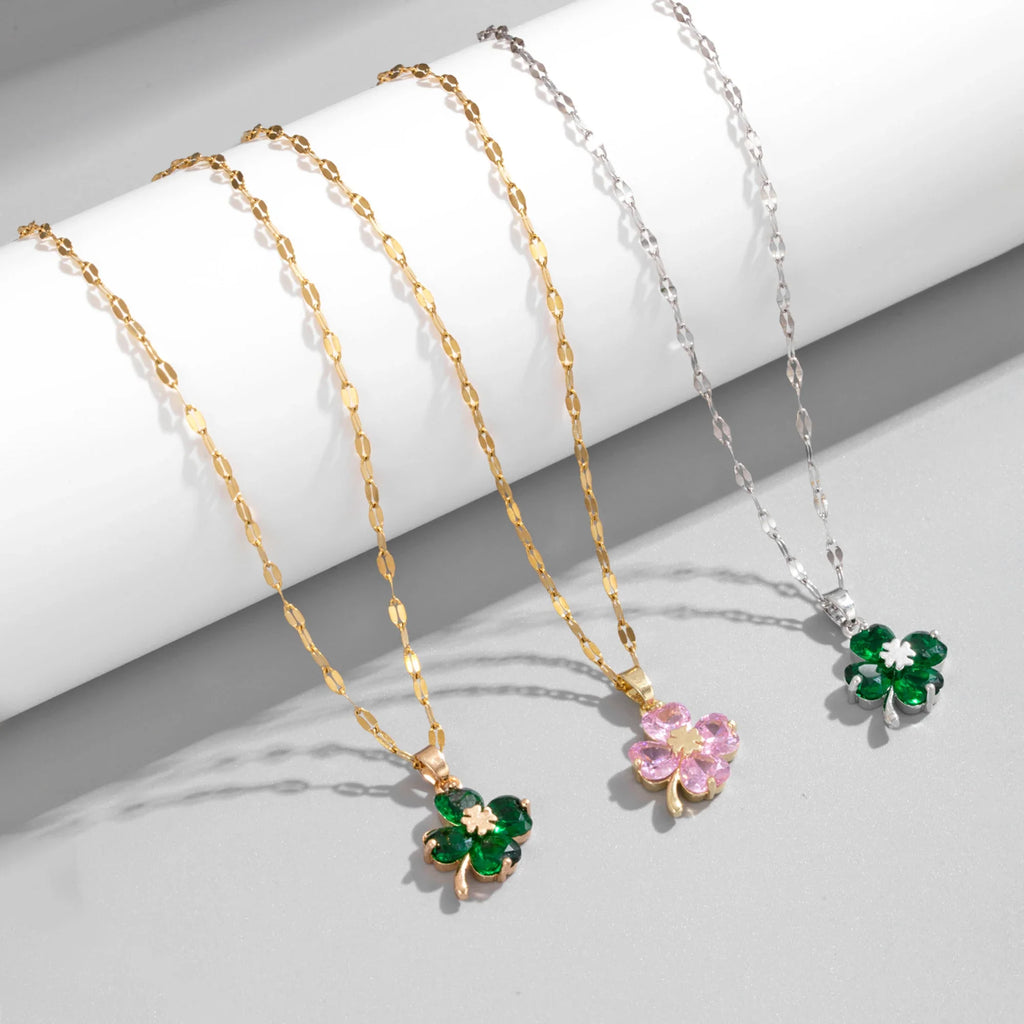 Necklace with Colorful Four-Leaf Clover Pendant silver and gold