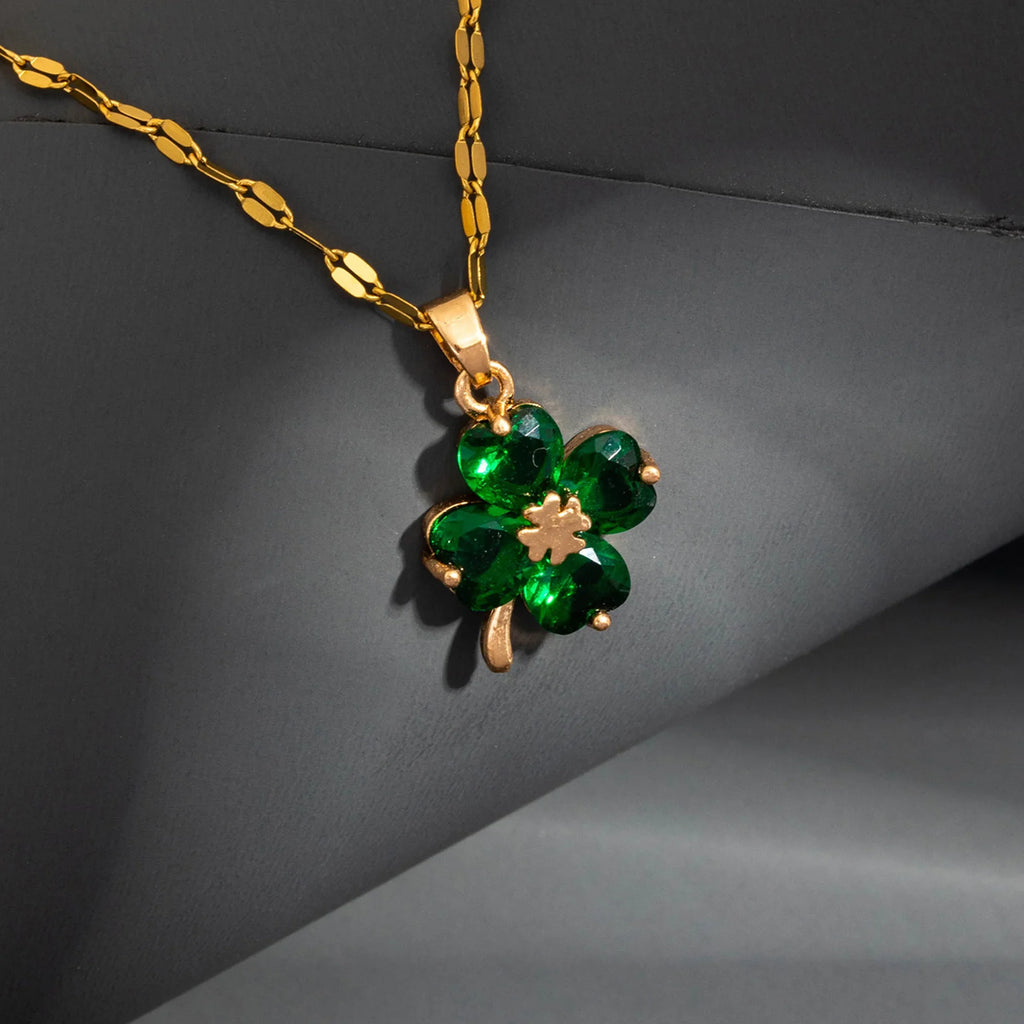 Necklace with Colorful Four-Leaf Clover Pendant gold and green
