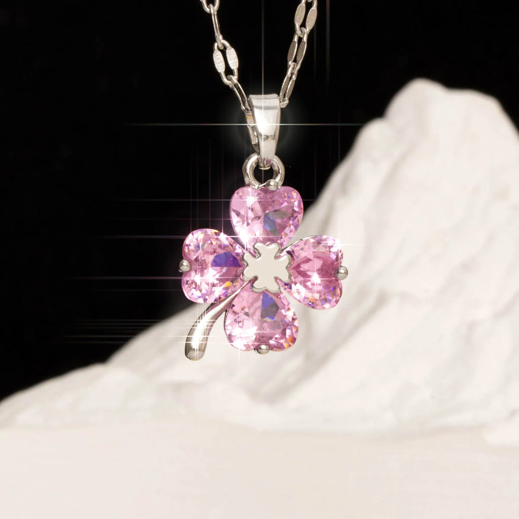 Necklace with Colorful Four-Leaf Clover Pendant silver and pink