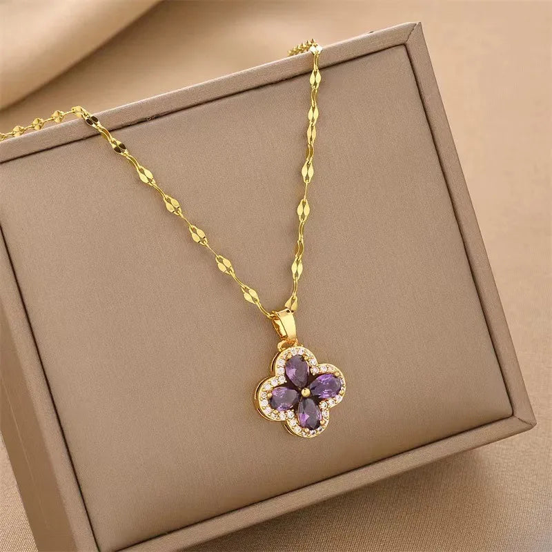 Necklace with Purple Zircon Four-Leaf Clover Pendant