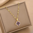 Necklace with Purple Zircon Four-Leaf Clover Pendant