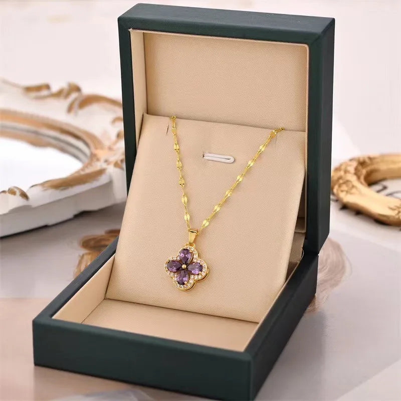 Necklace with Purple Zircon Four-Leaf Clover Pendant
