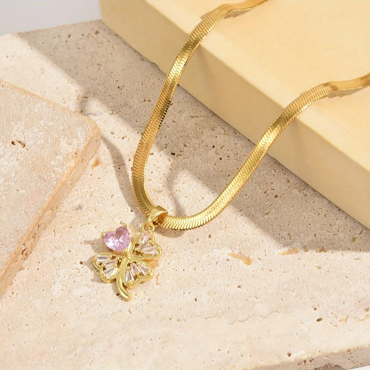 Necklace with Lucky Four-Leaf Clover Pendant and Zircon