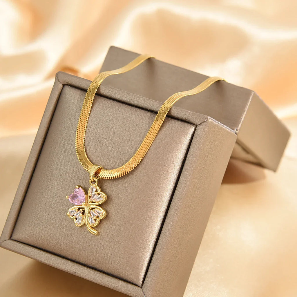 Necklace with Lucky Four-Leaf Clover Pendant and Zircon