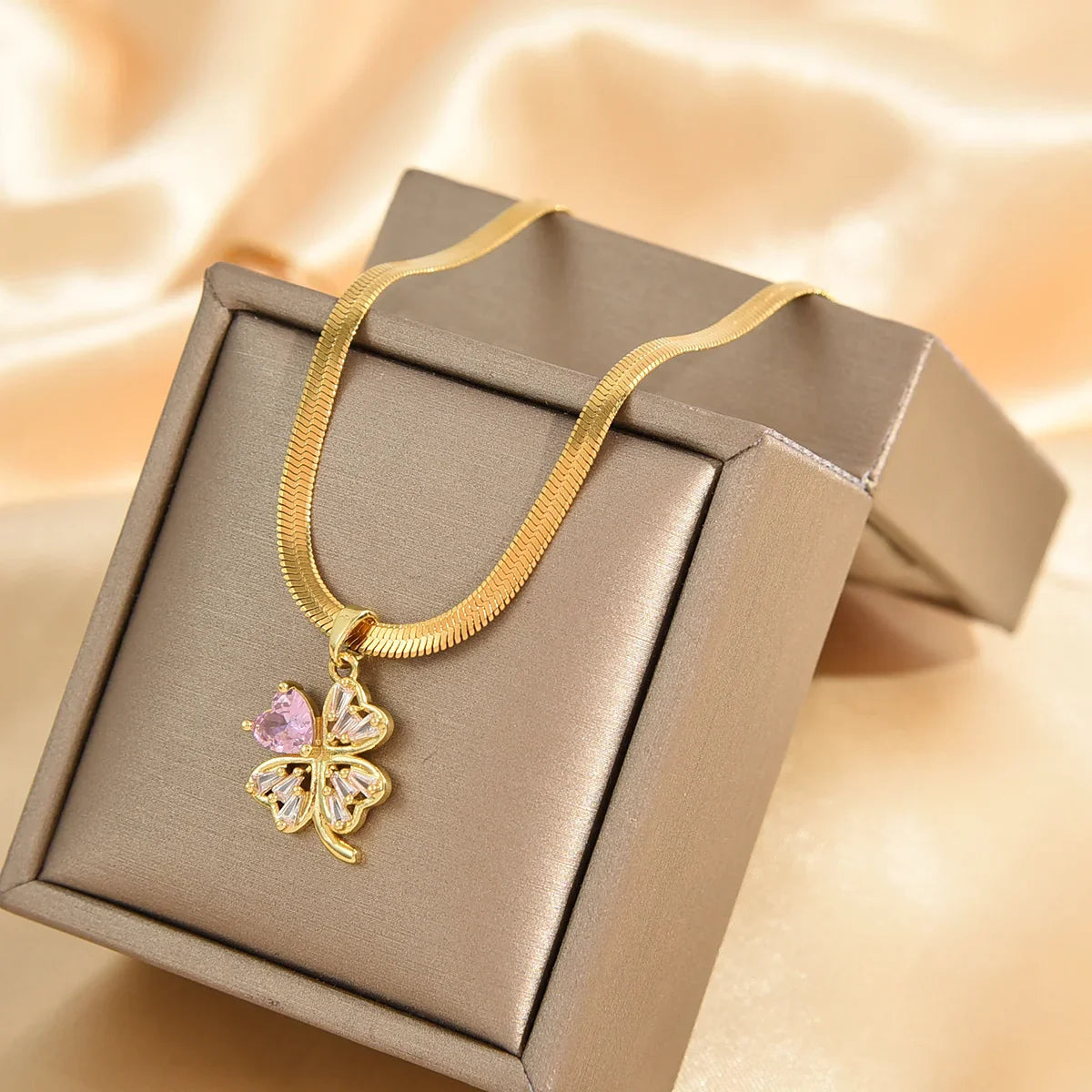 Necklace with Lucky Four-Leaf Clover Pendant and Zircon