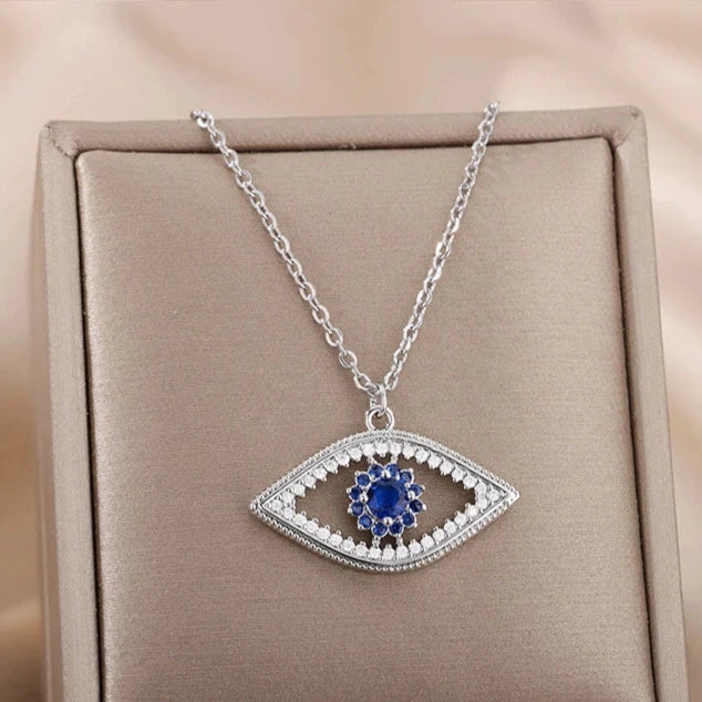 Necklace with Blue Turkish Evil Eye Zircon Pendant Silver