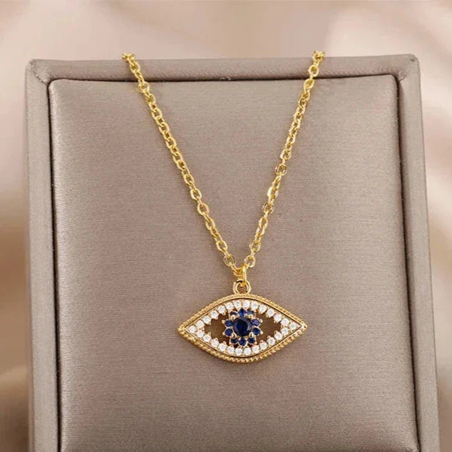 Necklace with Blue Turkish Evil Eye Zircon Pendant Gold
