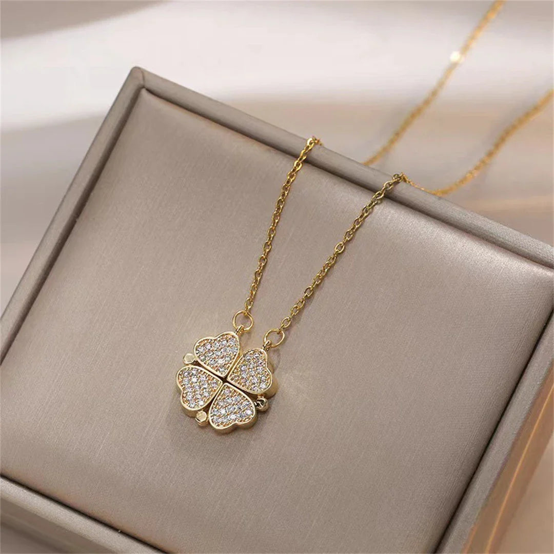 Choker Necklace with Heart Pendants and Four-Leaf Clover for Women gold
