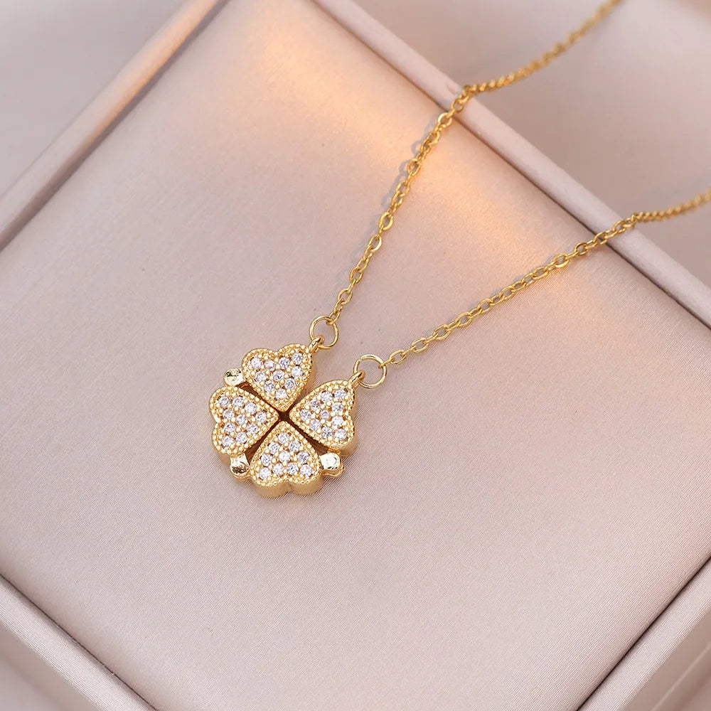 Choker Necklace with Heart Pendants and Four-Leaf Clover for Women gold
