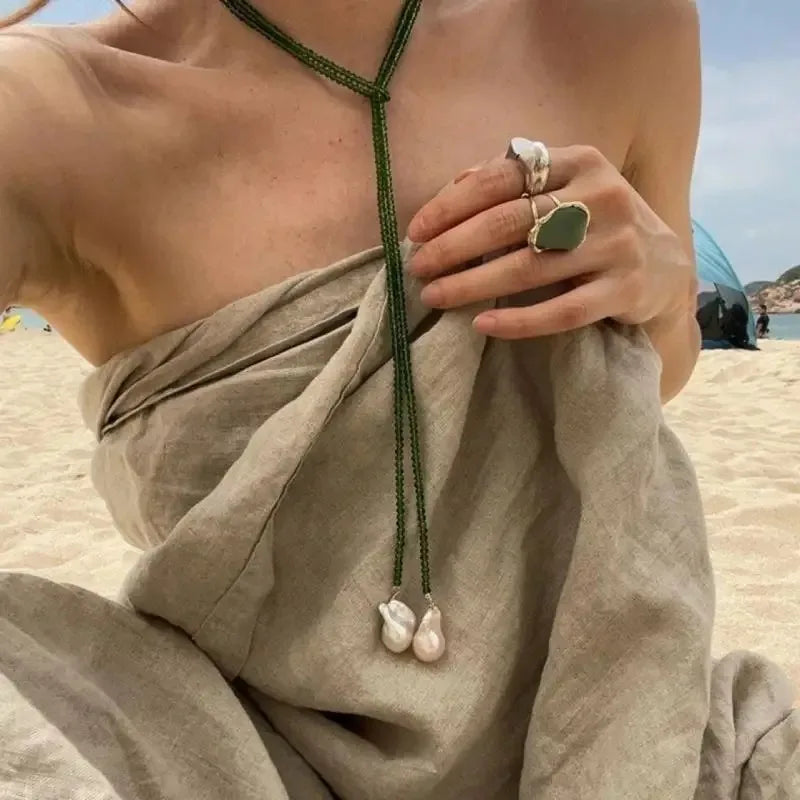 Charm Necklace with green pearl pendant