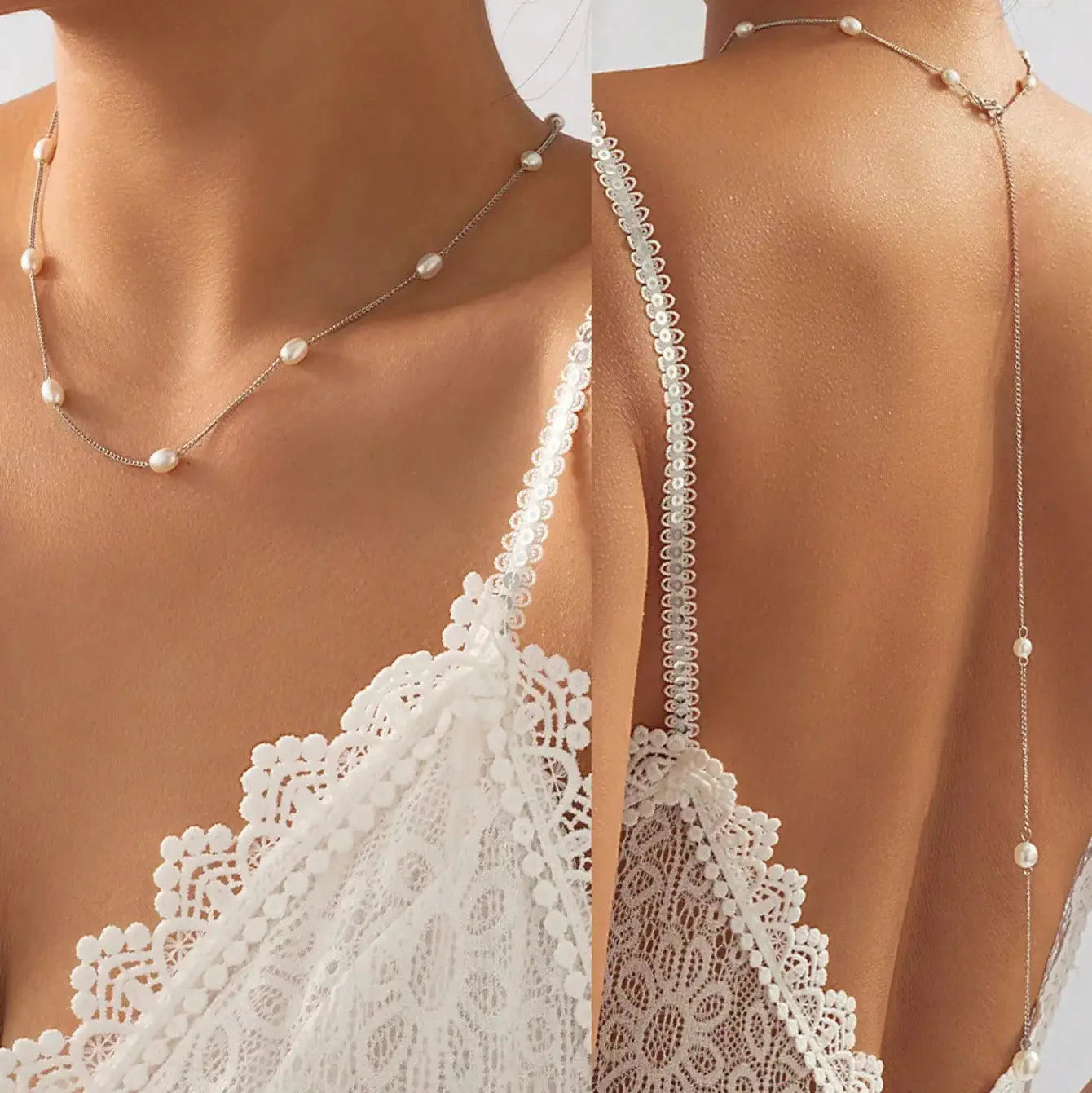 Back necklace with white pearls - women's back chain