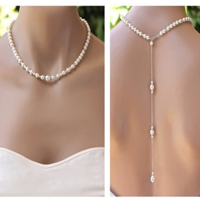 Back Necklace for Wedding with Pearls for Women