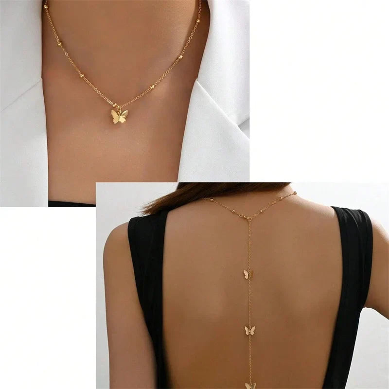 Butterfly back necklace - back chain for women gold