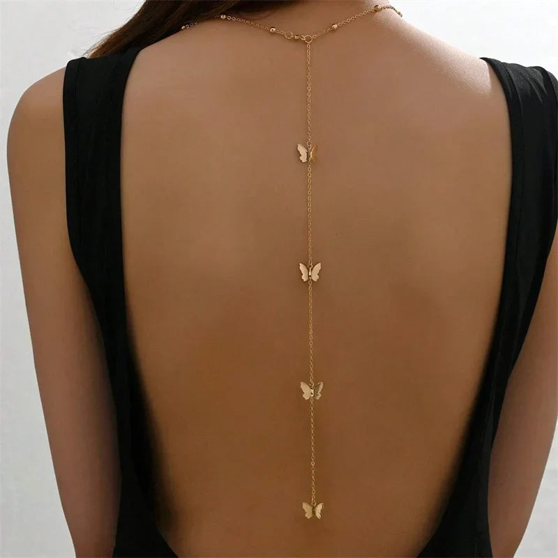 Butterfly back necklace - back chain for women gold