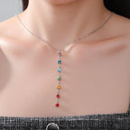 Protective Necklace with Long Pendant in 7 Chakra Stones silver