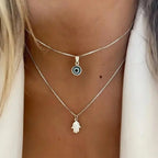 Double Necklace with Turkish Blue Eye and Fatima's Hand Pendant silver