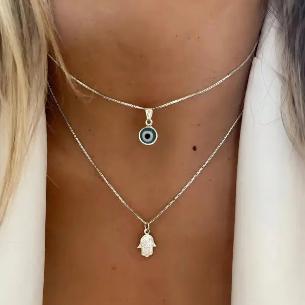 Double Necklace with Turkish Blue Eye and Fatima's Hand Pendant silver
