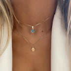 Double Necklace with Turkish Blue Eye and Fatima's Hand Pendant gold