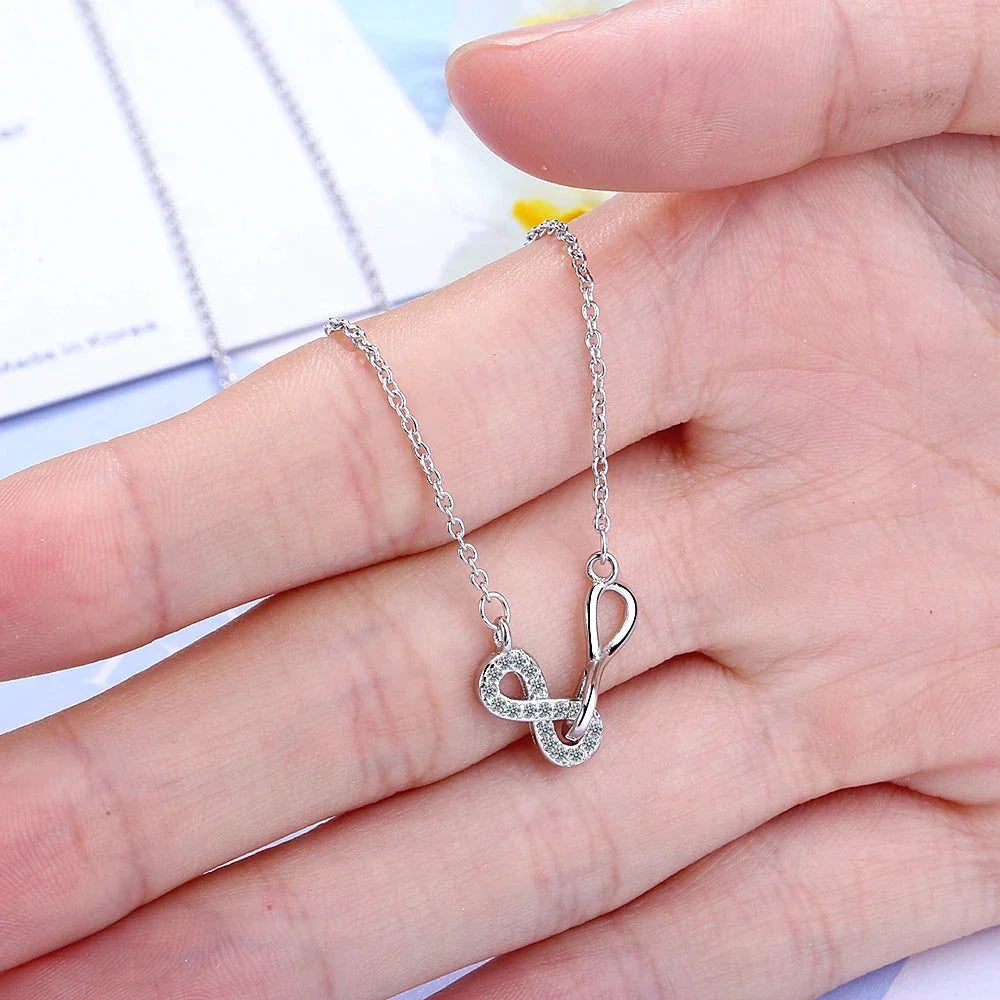 Double Infinity and Zircon Pendant Necklace Silver