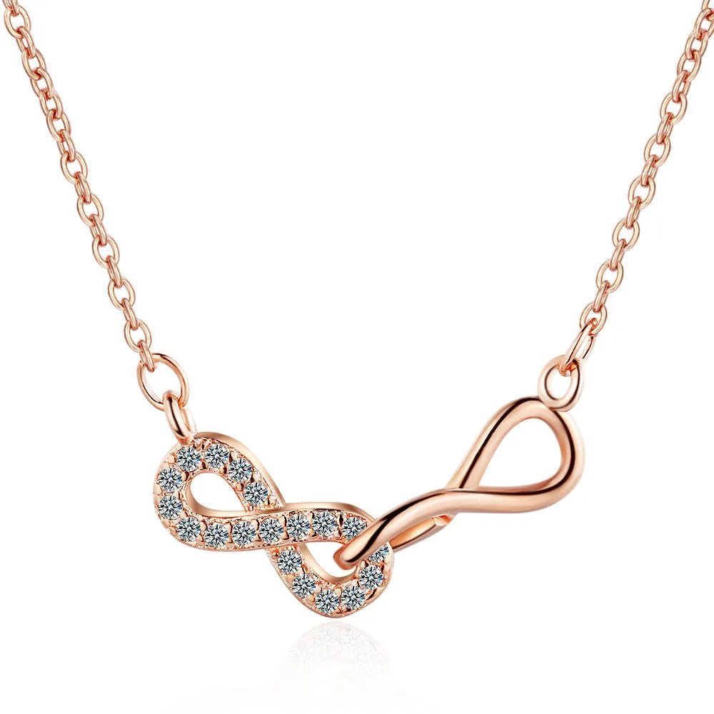Double Infinity and Zircon Pendant Necklace Rose Gold