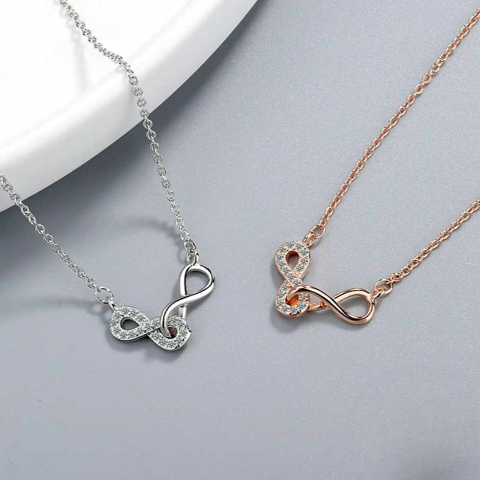 Double Infinity and Zircon Pendant Necklace Rose Gold