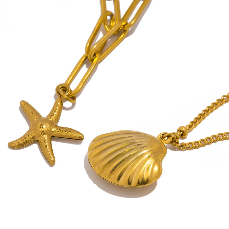 Double-Layer Necklace with Shell Pendants, Scallop and Starfish