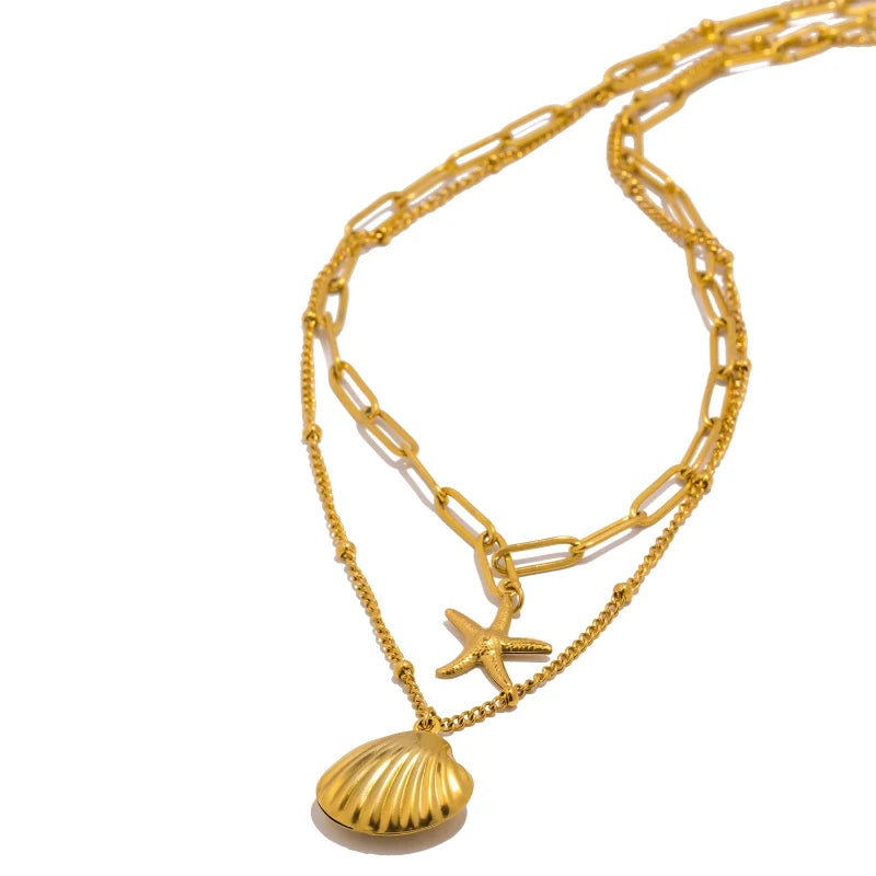 Double-Layer Necklace with Shell Pendants, Scallop and Starfish