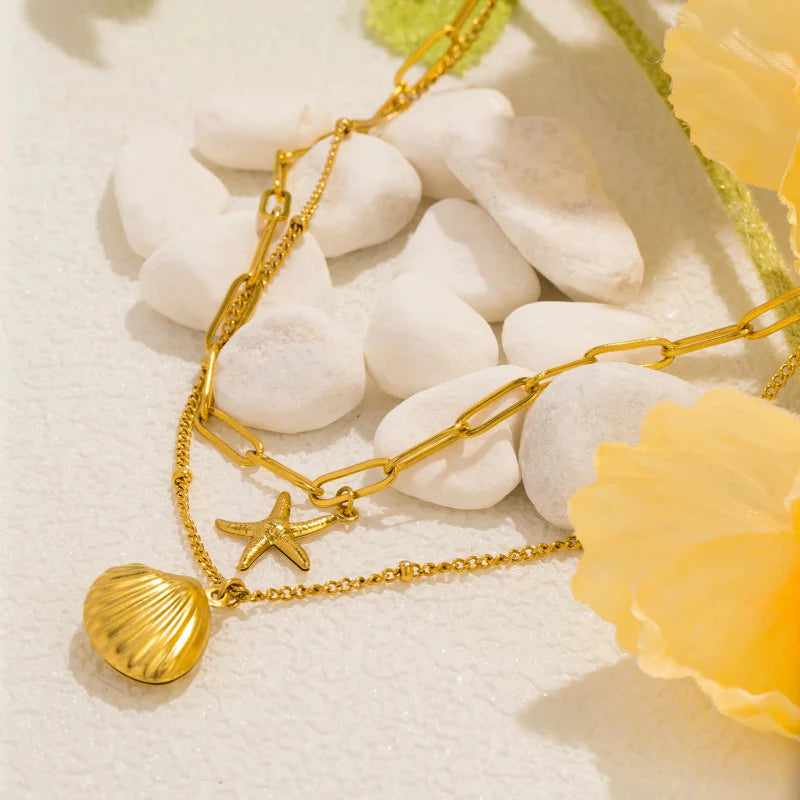 Double-Layer Necklace with Shell Pendants, Scallop and Starfish