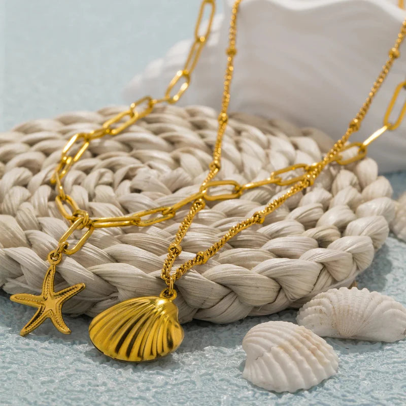Double-Layer Necklace with Shell Pendants, Scallop and Starfish