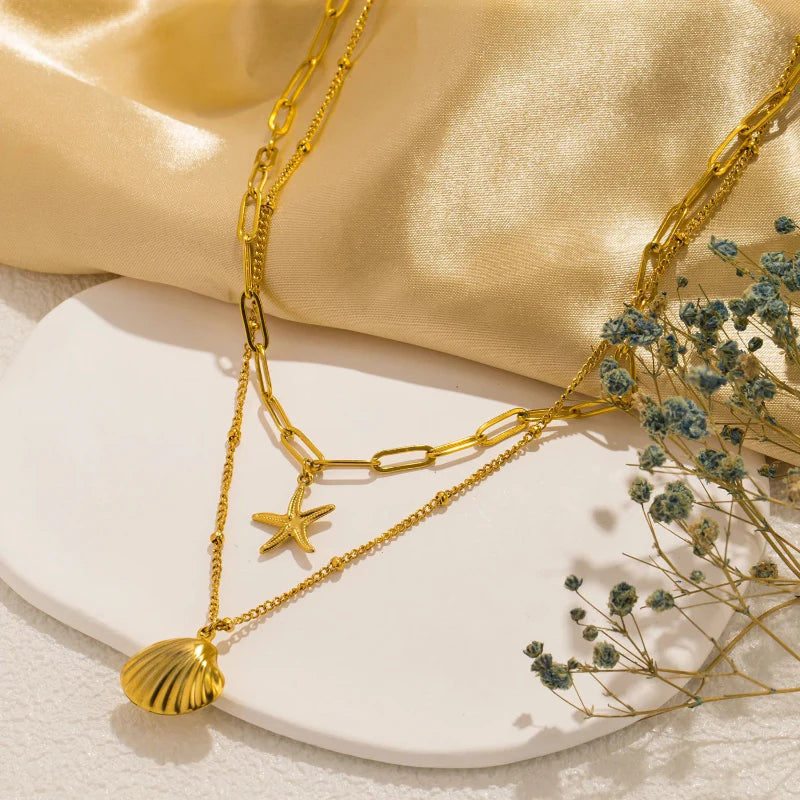 Double-Layer Necklace with Shell Pendants, Scallop and Starfish