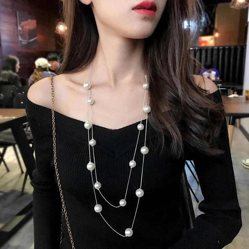 Long Double Necklace with Large White Pearls silver