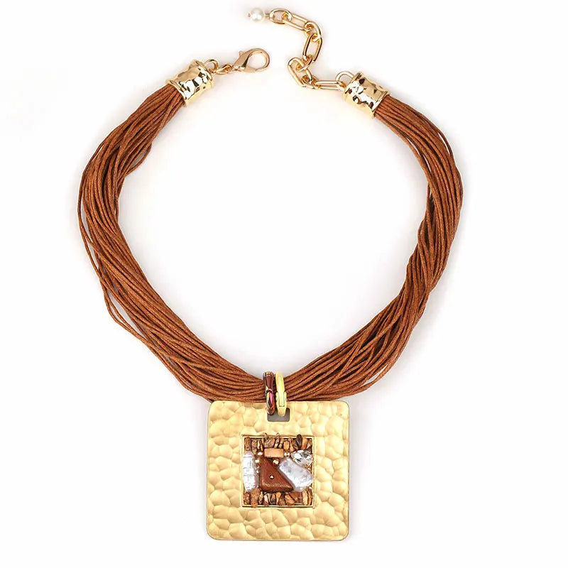 Necklace with Cord and Brown Square Pendant