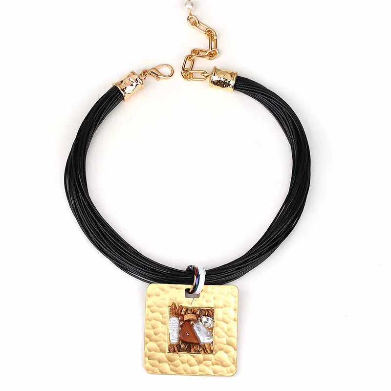 Necklace with Cord and Black Square Pendant