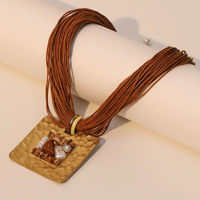 Necklace with Cord and Brown Square Pendant
