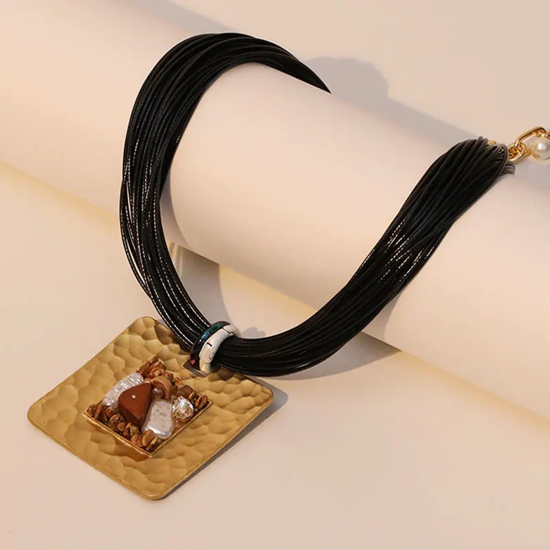 Necklace with Cord and Black Square Pendant