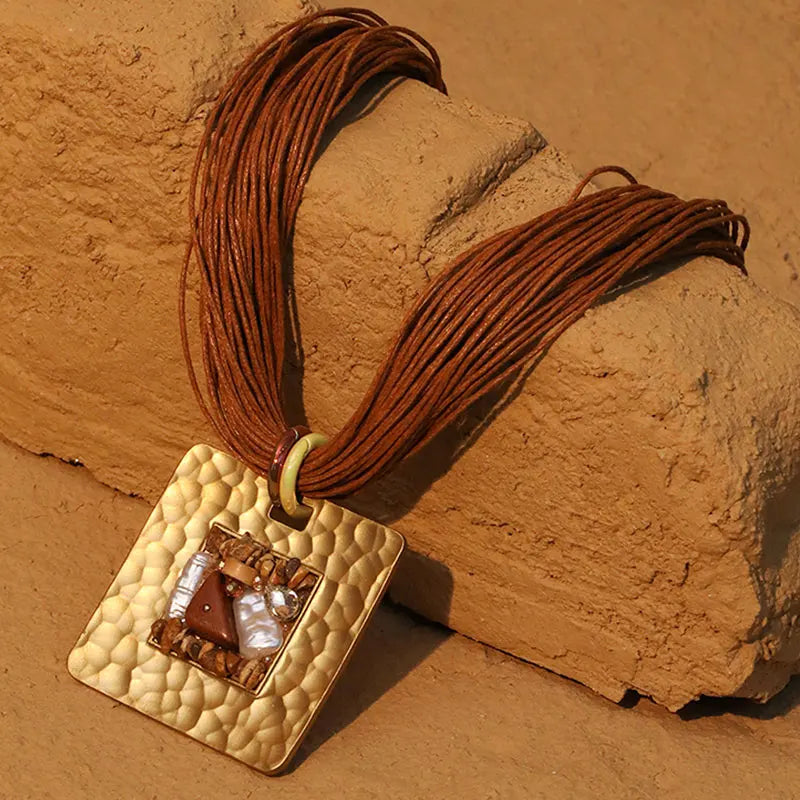 Necklace with Cord and Brown Square Pendant