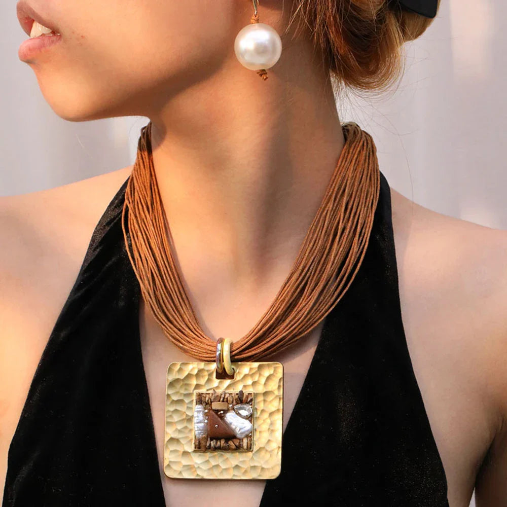 Necklace with Cord and Brown Square Pendant