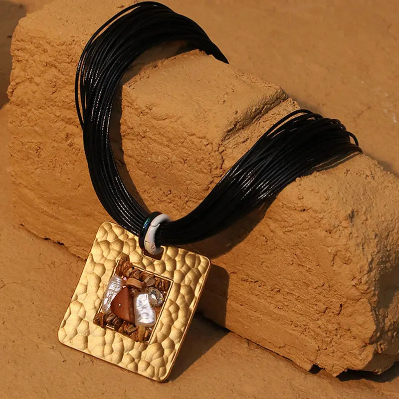 Necklace with Cord and Black Square Pendant