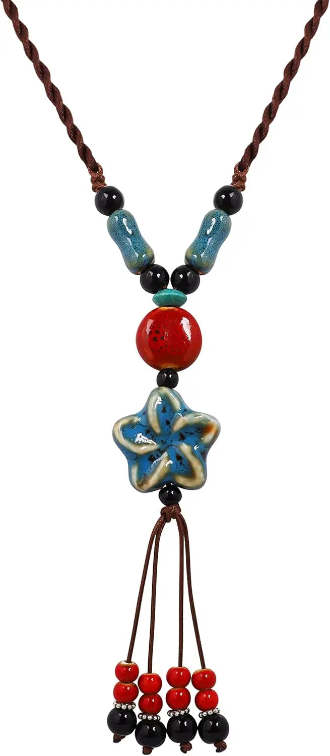 Beaded Necklace with Blue Flower Pendant