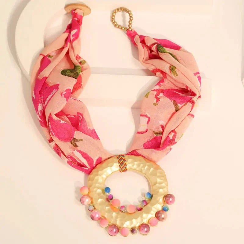 Fabric Necklace with Chic Bohemian Pendant Pink