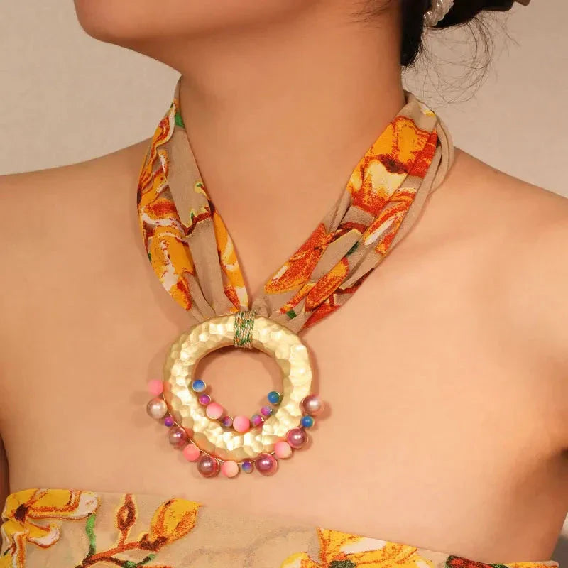 Fabric Necklace with Chic Bohemian Pendant Orange
