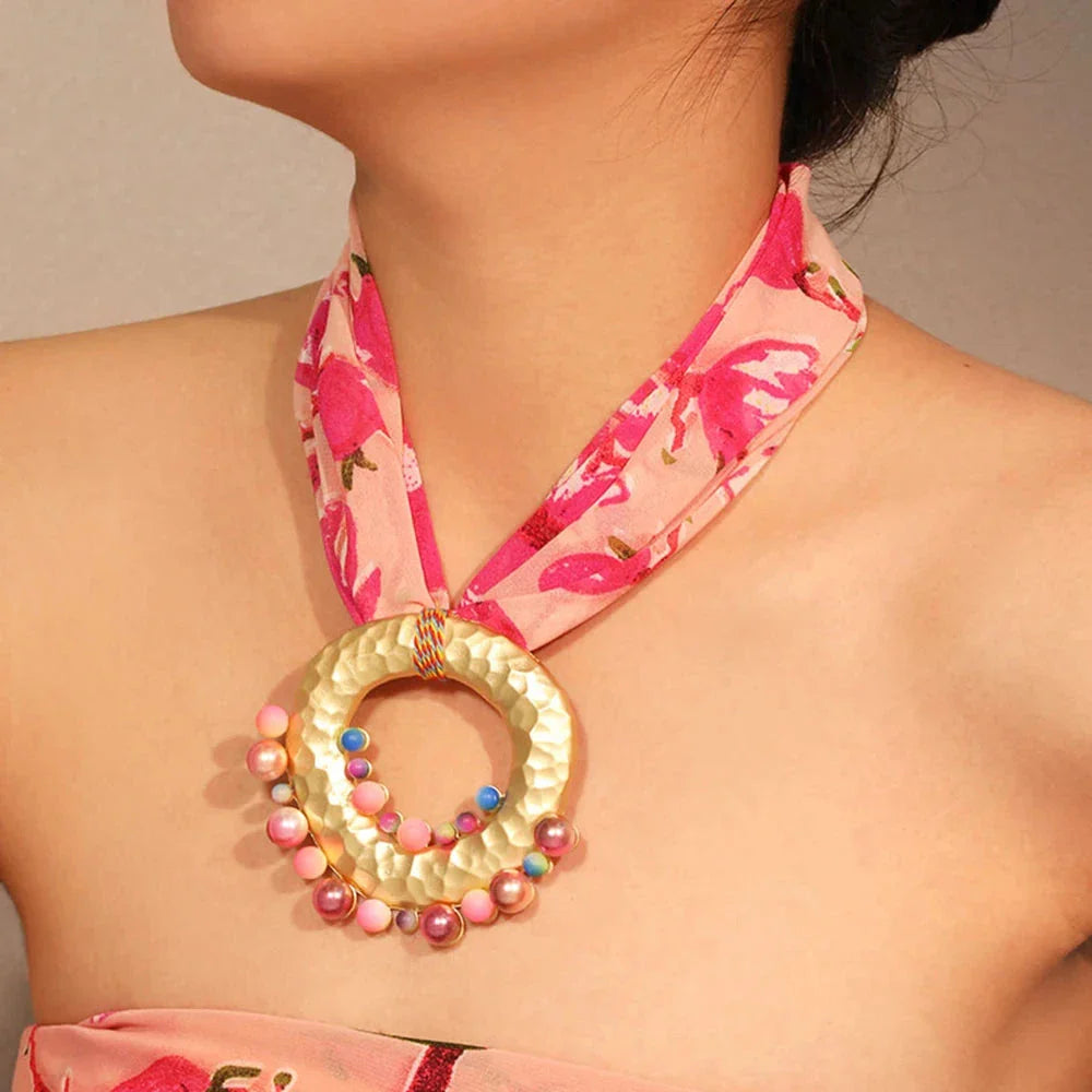 Fabric Necklace with Chic Bohemian Pendant Pink