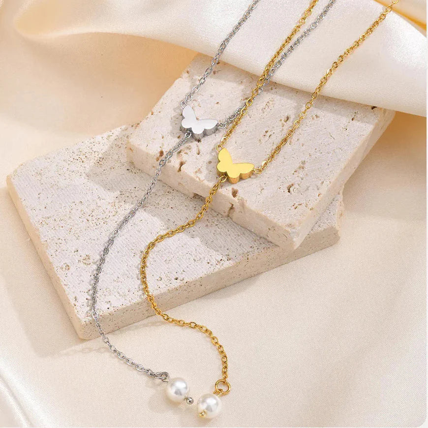 Y necklace - butterfly décolleté chain for women silver