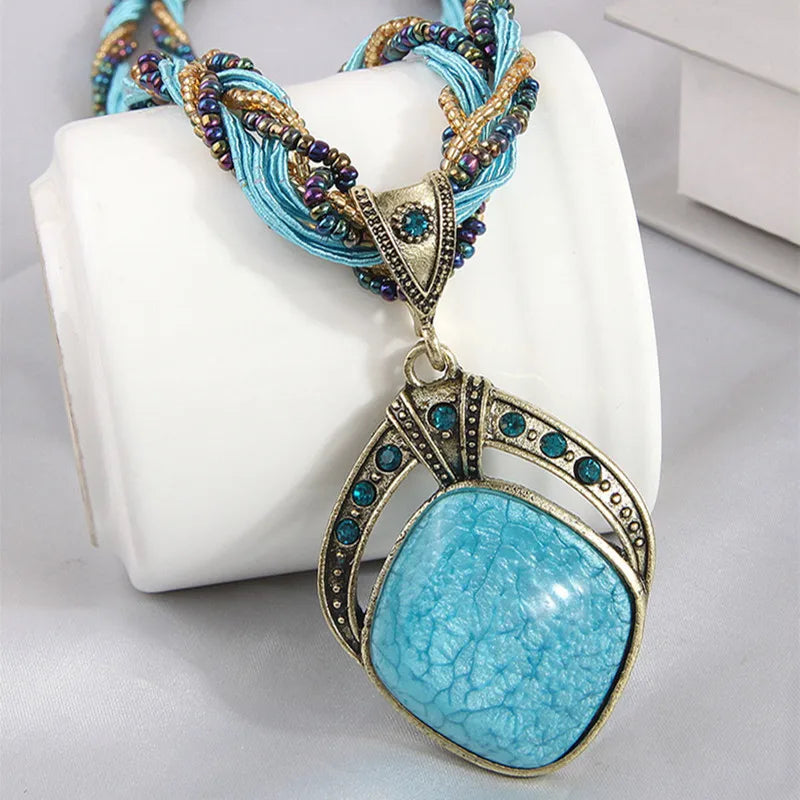 Ethnic Necklace with Large Oval Blue Pendant