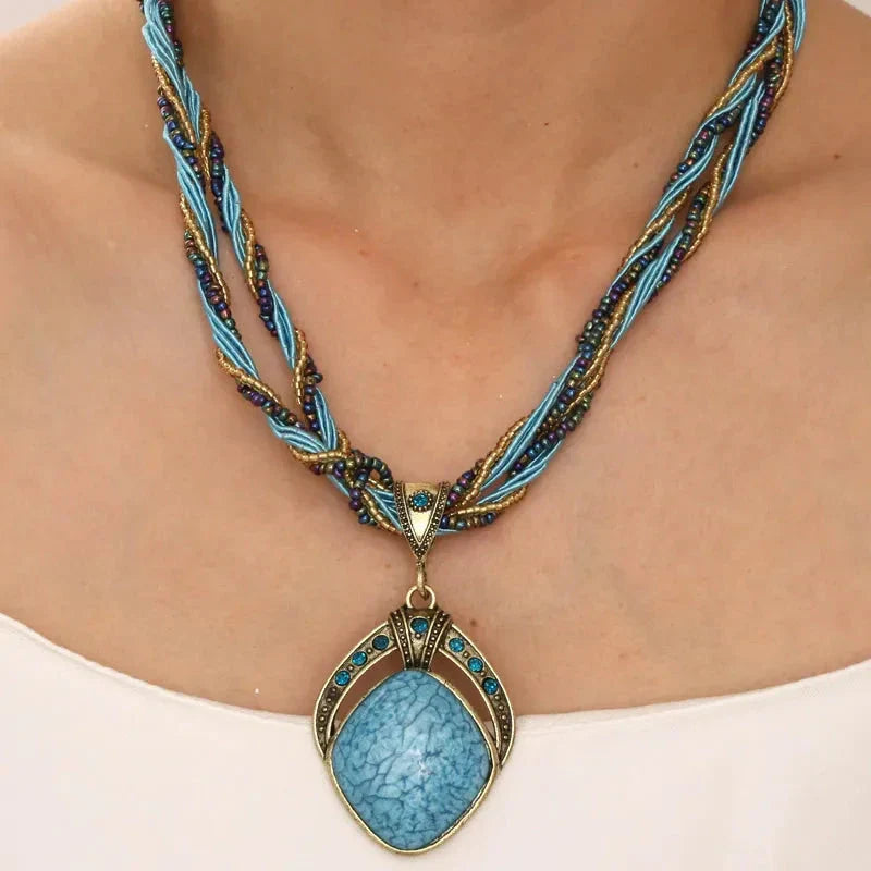 Ethnic Necklace with Large Oval Blue Pendant