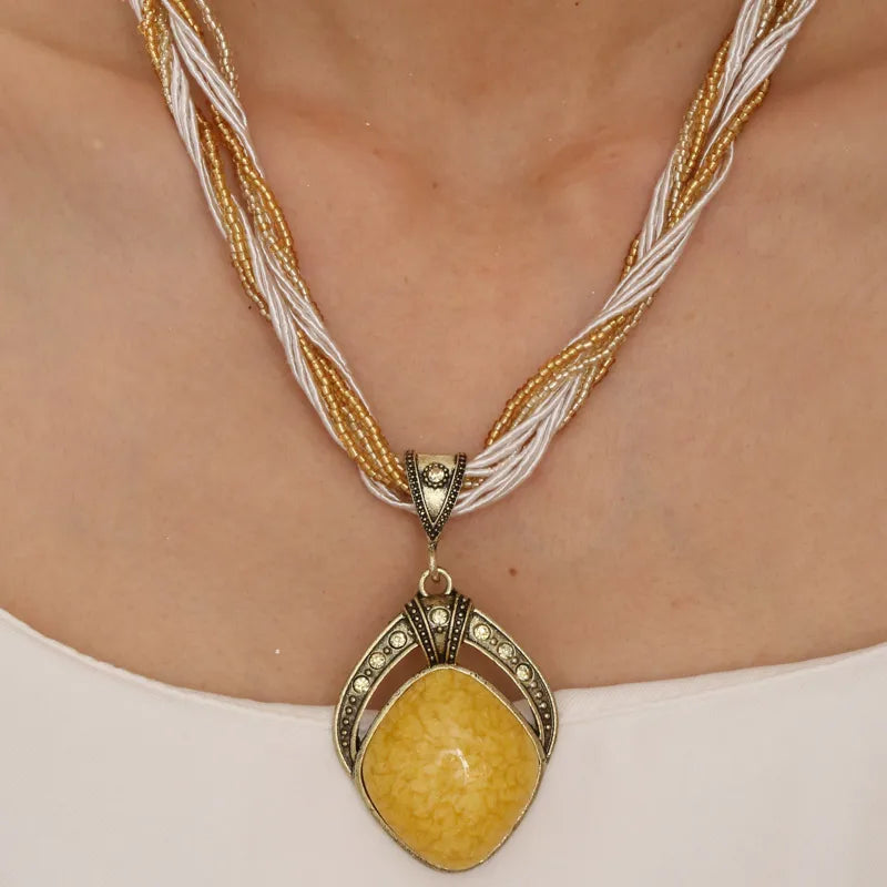 Ethnic Necklace with Large Oval Yellow Pendant